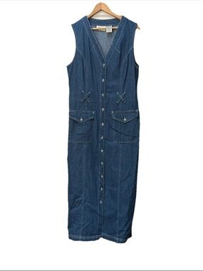 Faded Glory Denim Dress Womens L 12/14 Sleeveless Long Midi Length Pockets 90's